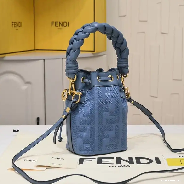 Affordable Tresor Fendi Handle Woven FF with Motif Canvas Blue In Bag Mon Bucket Mini 0521